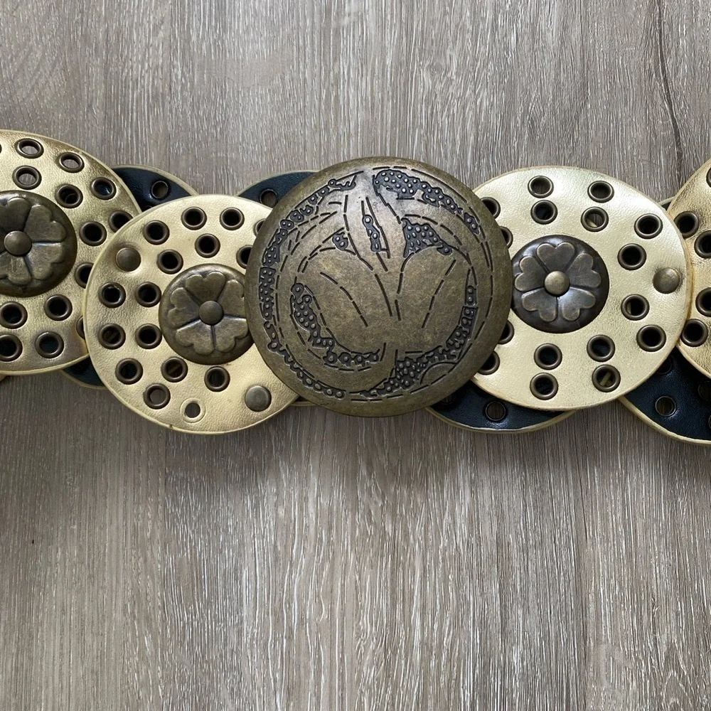 Vintage Bohemian Brown Gold Faux Leather Southwestern Concho Wide Belt